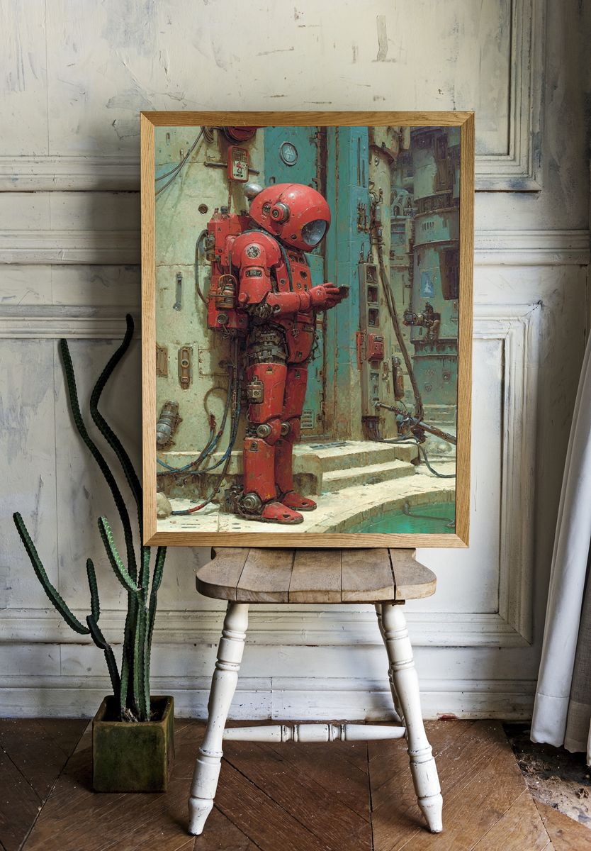 Retro Robot in Urban Setting Poster. — room view 1