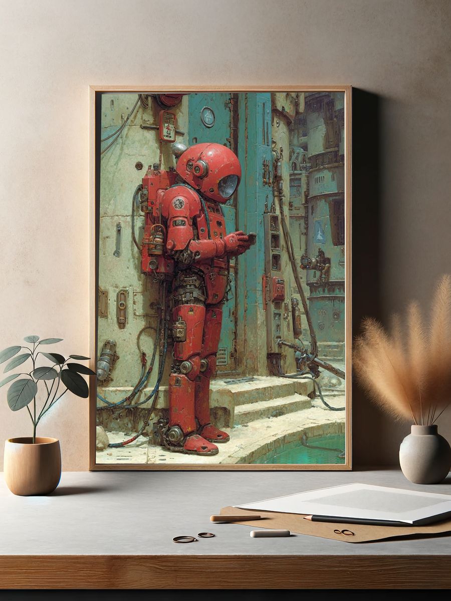 Retro Robot in Urban Setting Poster. — room view 2