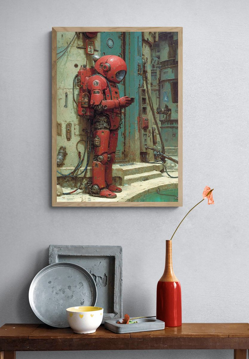 Retro Robot in Urban Setting Poster. — room view 3