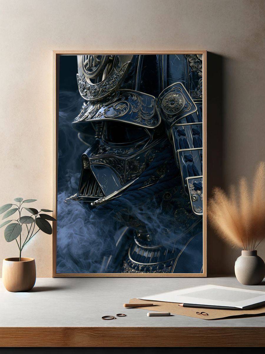 Ornate Samurai Helmet Illustration Print. — room view 2