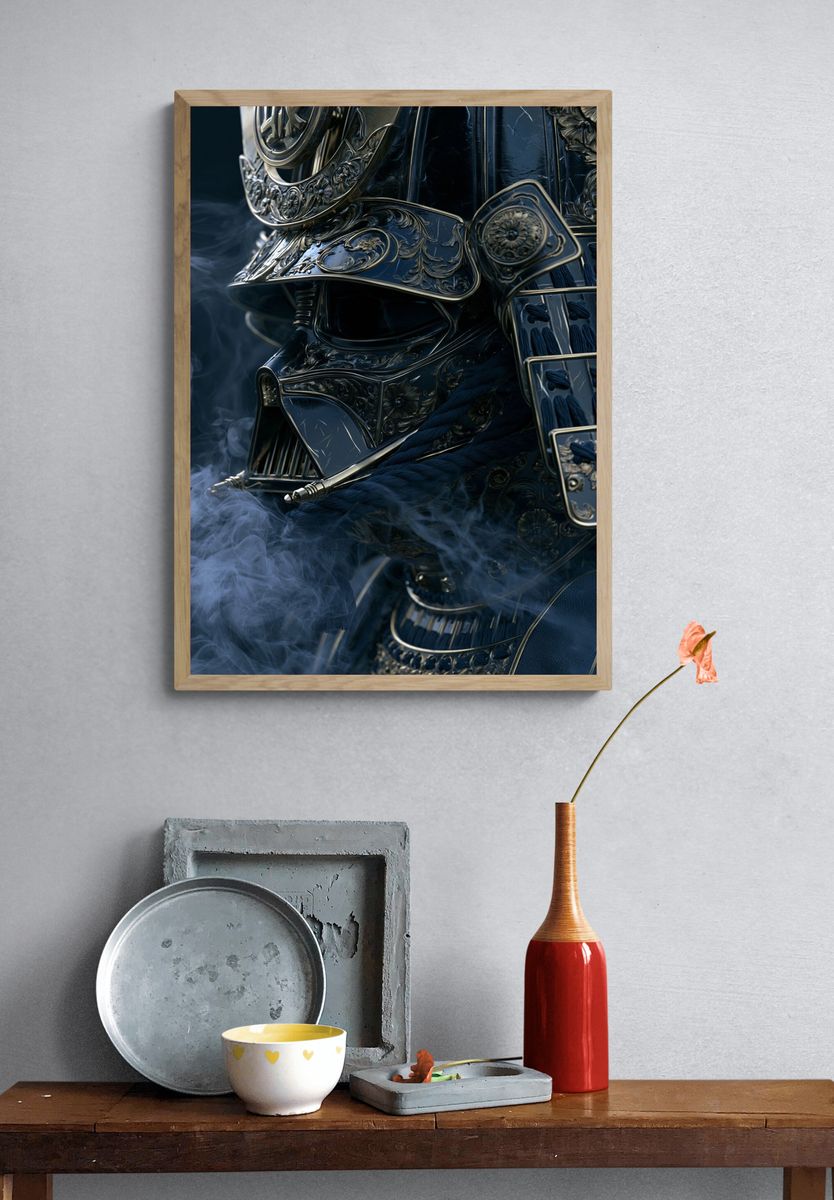 Ornate Samurai Helmet Illustration Print. — room view 3