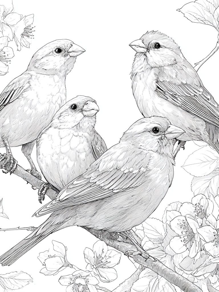 Songbirds and Blossoms Line Art Poster. poster detail