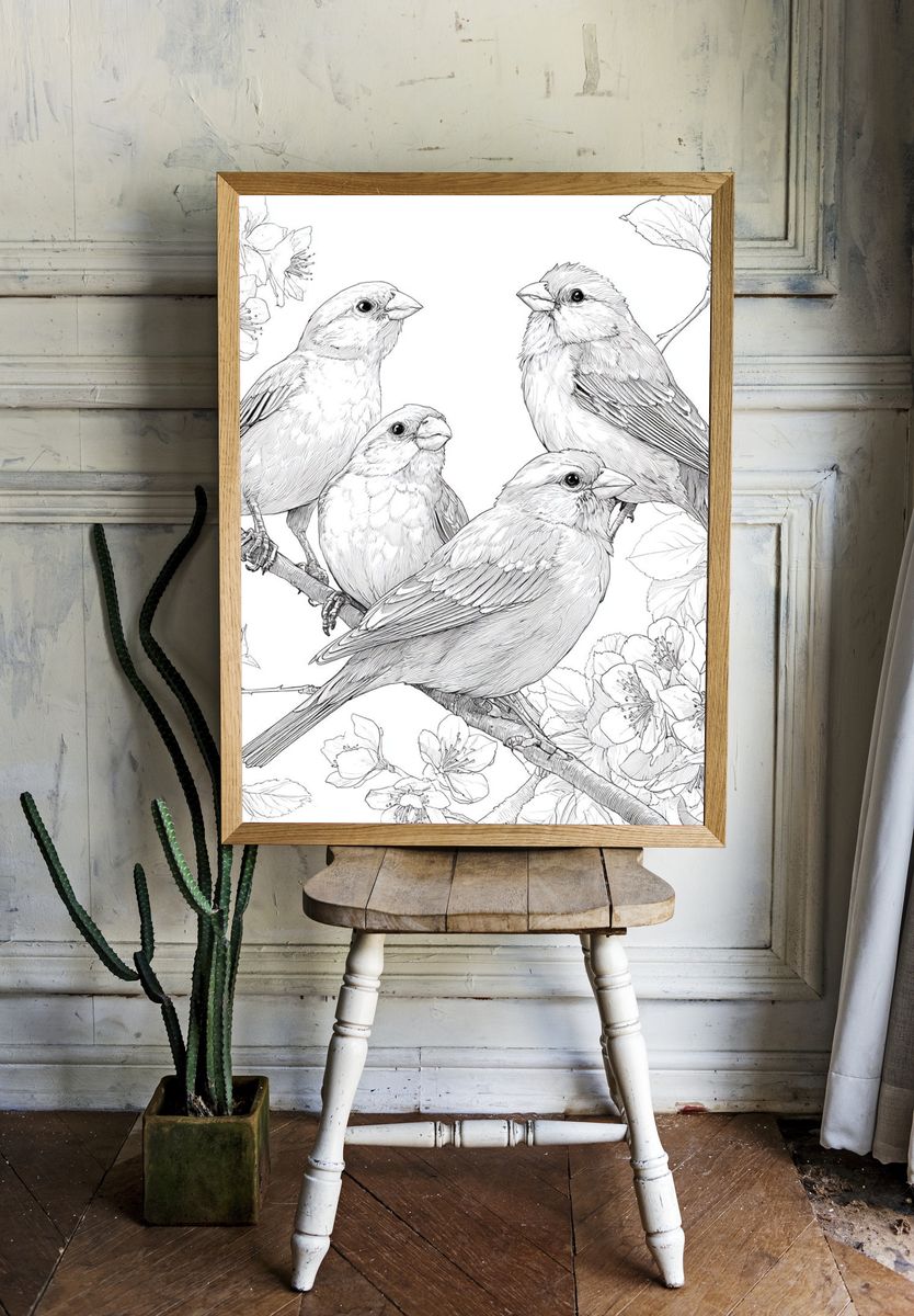 Songbirds and Blossoms Line Art Poster. — room view 1