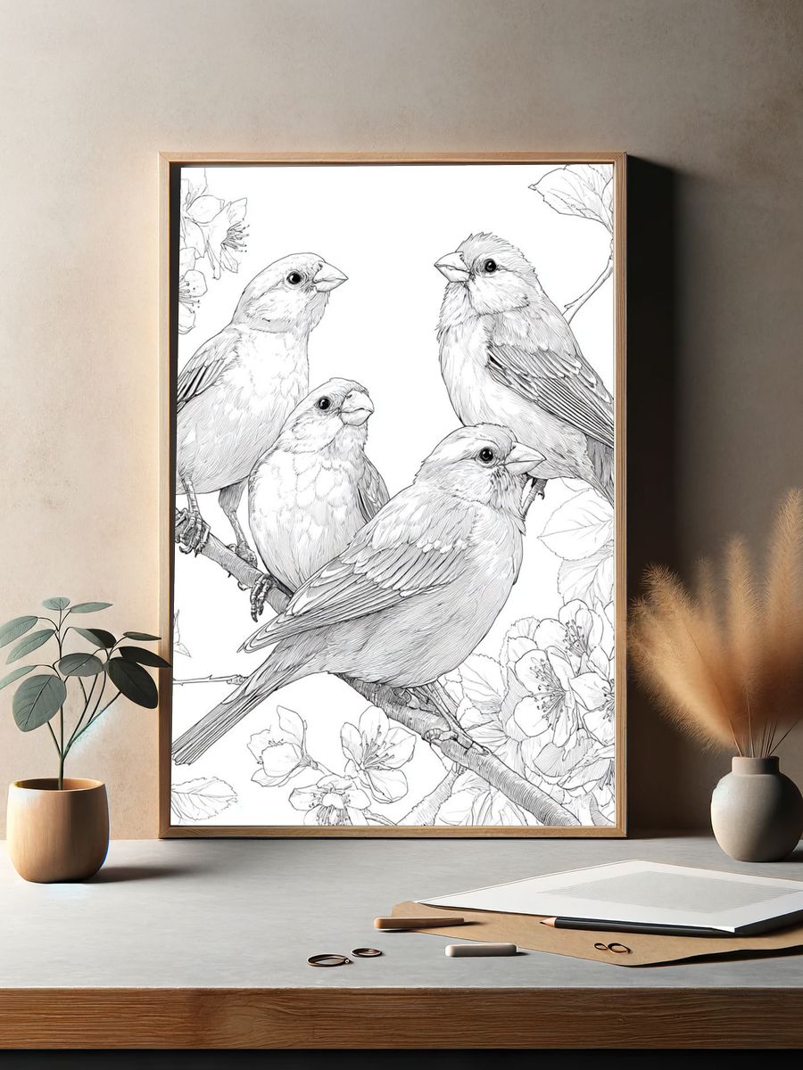 Songbirds and Blossoms Line Art Poster. — room view 2