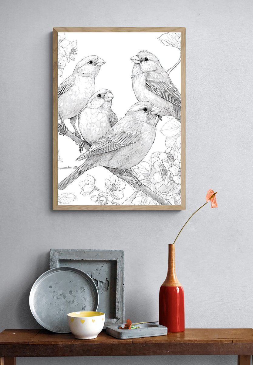 Songbirds and Blossoms Line Art Poster. — room view 3