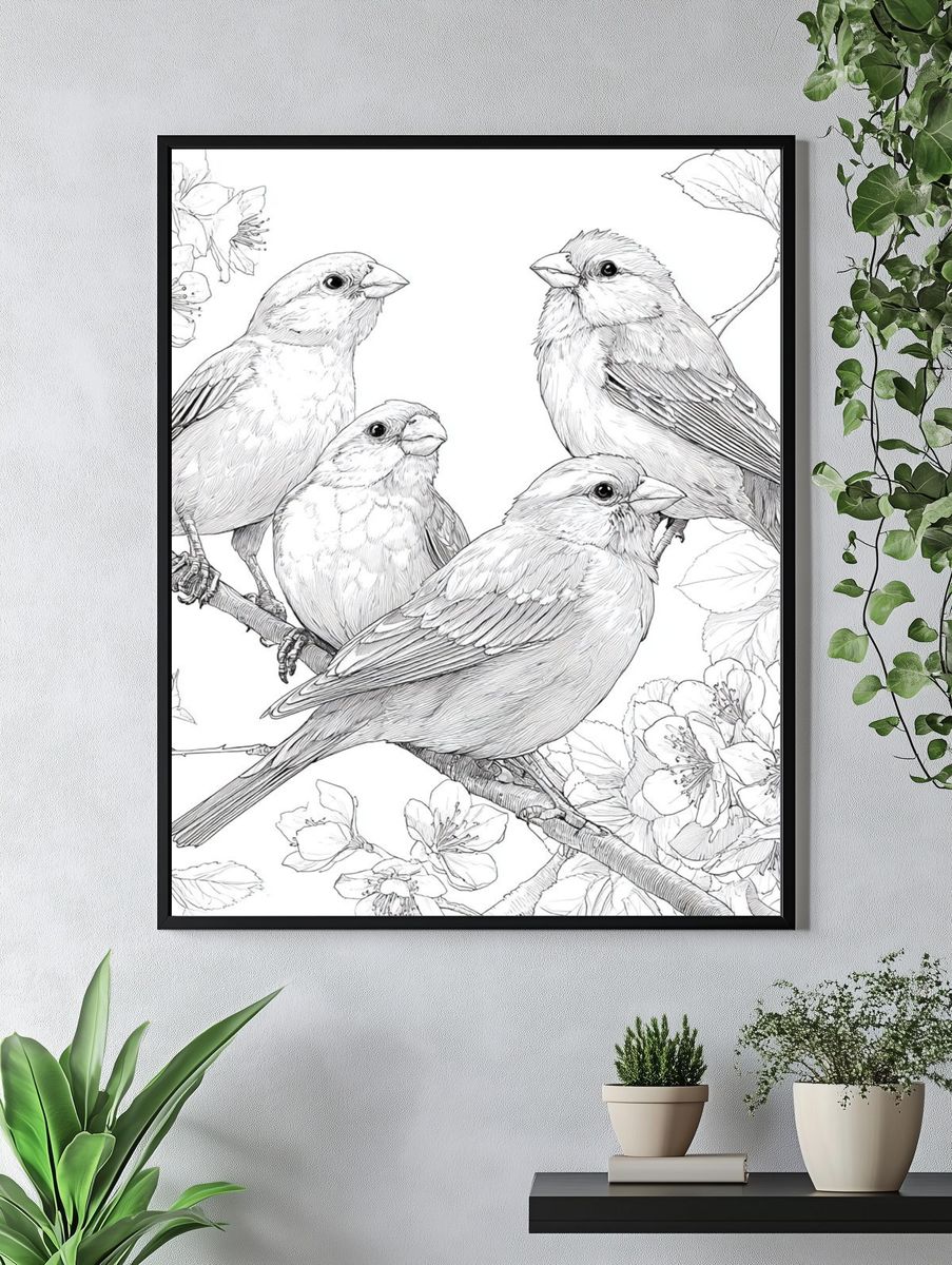 Songbirds and Blossoms Line Art Poster. — room view 4