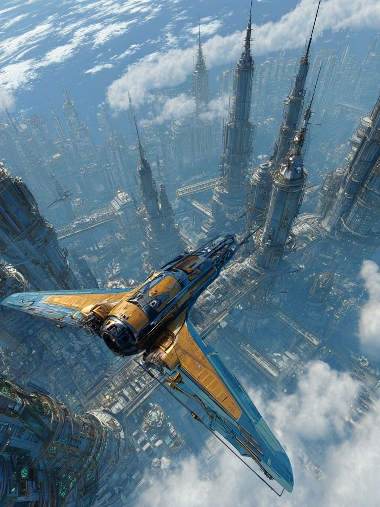 Futuristic Spacecraft Over Cityscape Poster. poster — space art