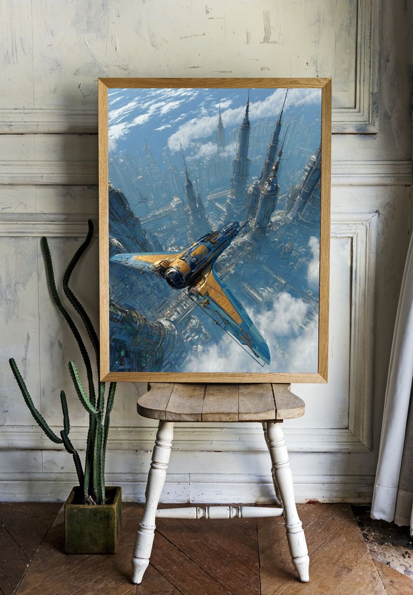 Futuristic Spacecraft Over Cityscape Poster. — room view 1