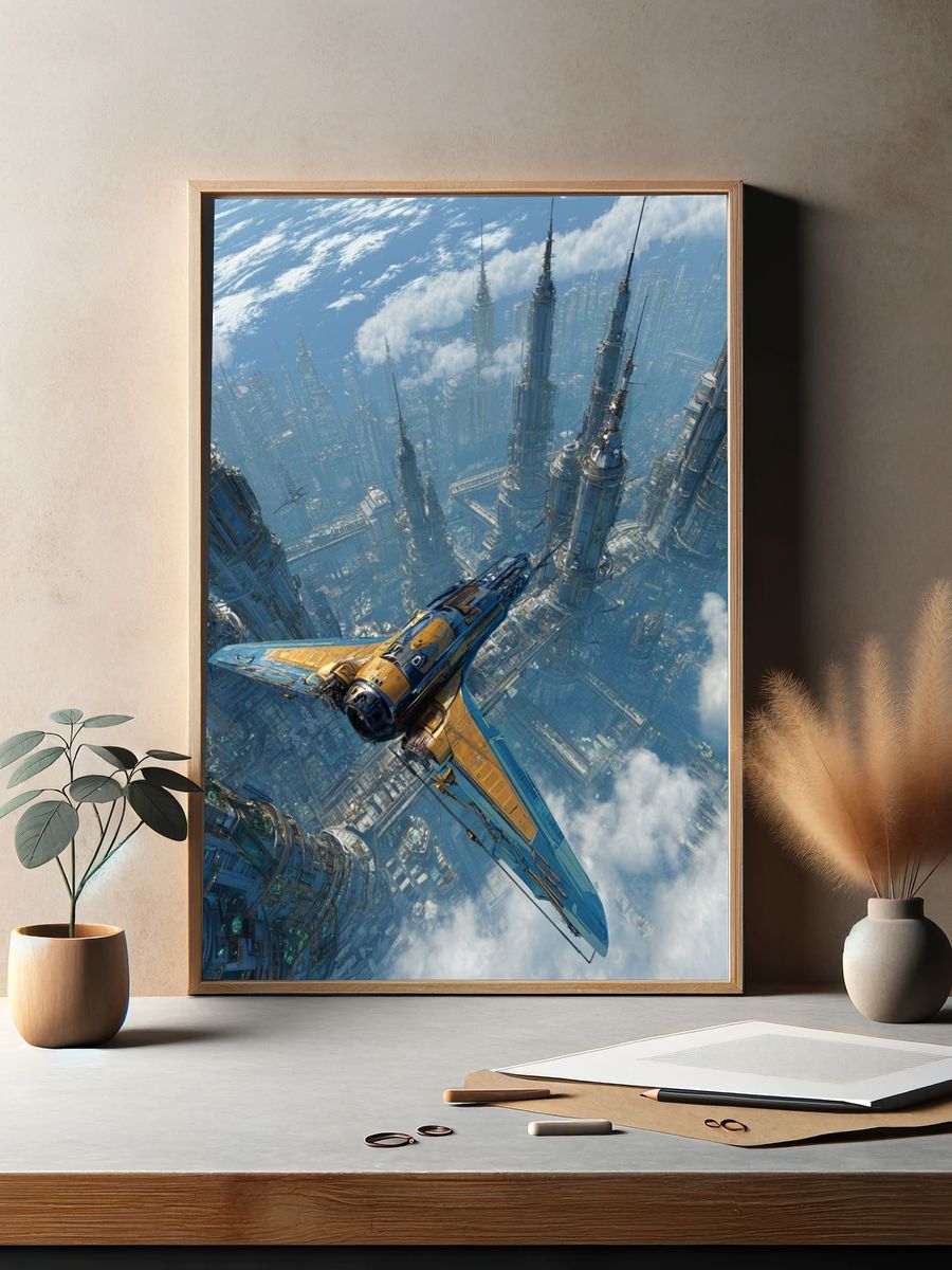 Futuristic Spacecraft Over Cityscape Poster. — room view 2