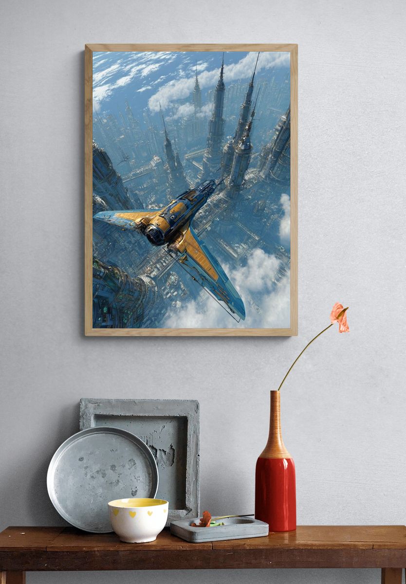 Futuristic Spacecraft Over Cityscape Poster. — room view 3