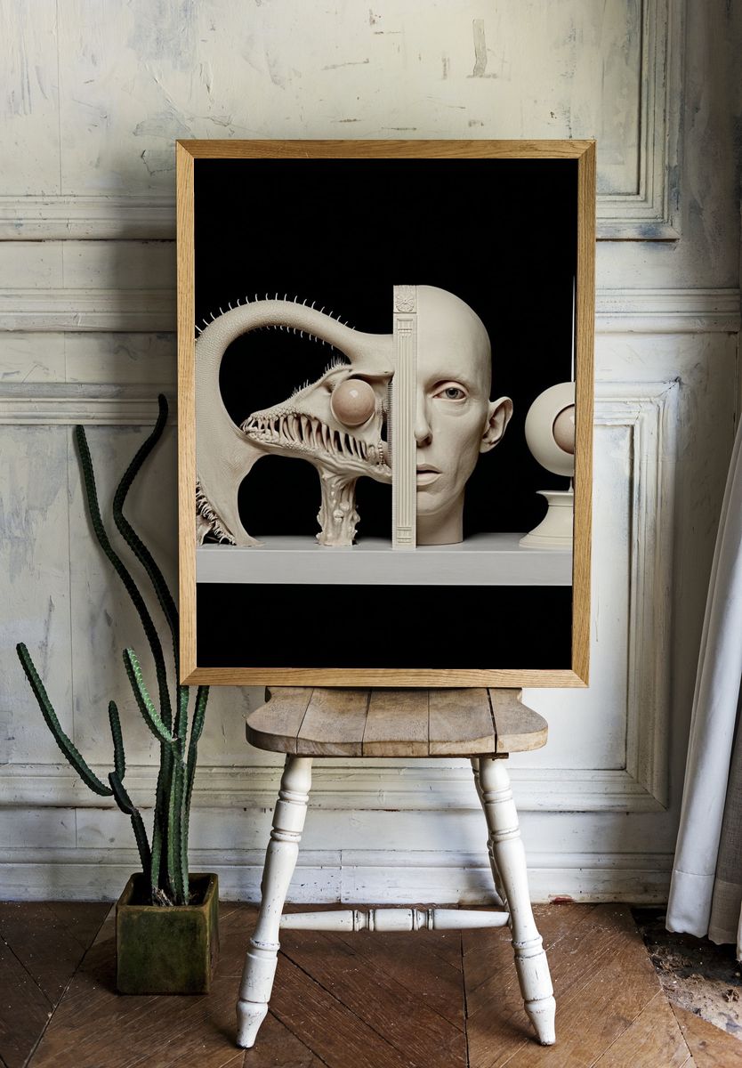 Surreal Creature and Human Sculpture Poster. — room view 1