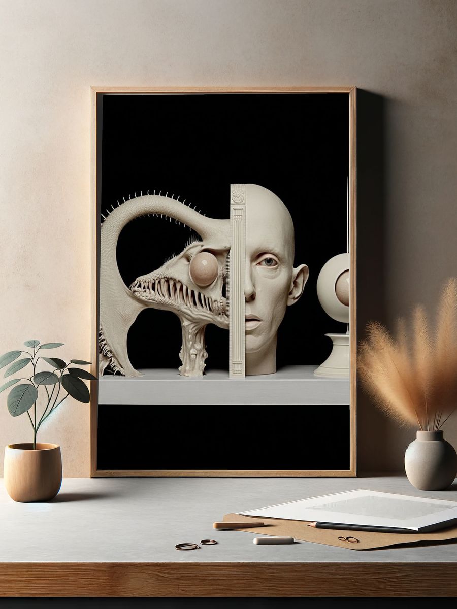 Surreal Creature and Human Sculpture Poster. — room view 2