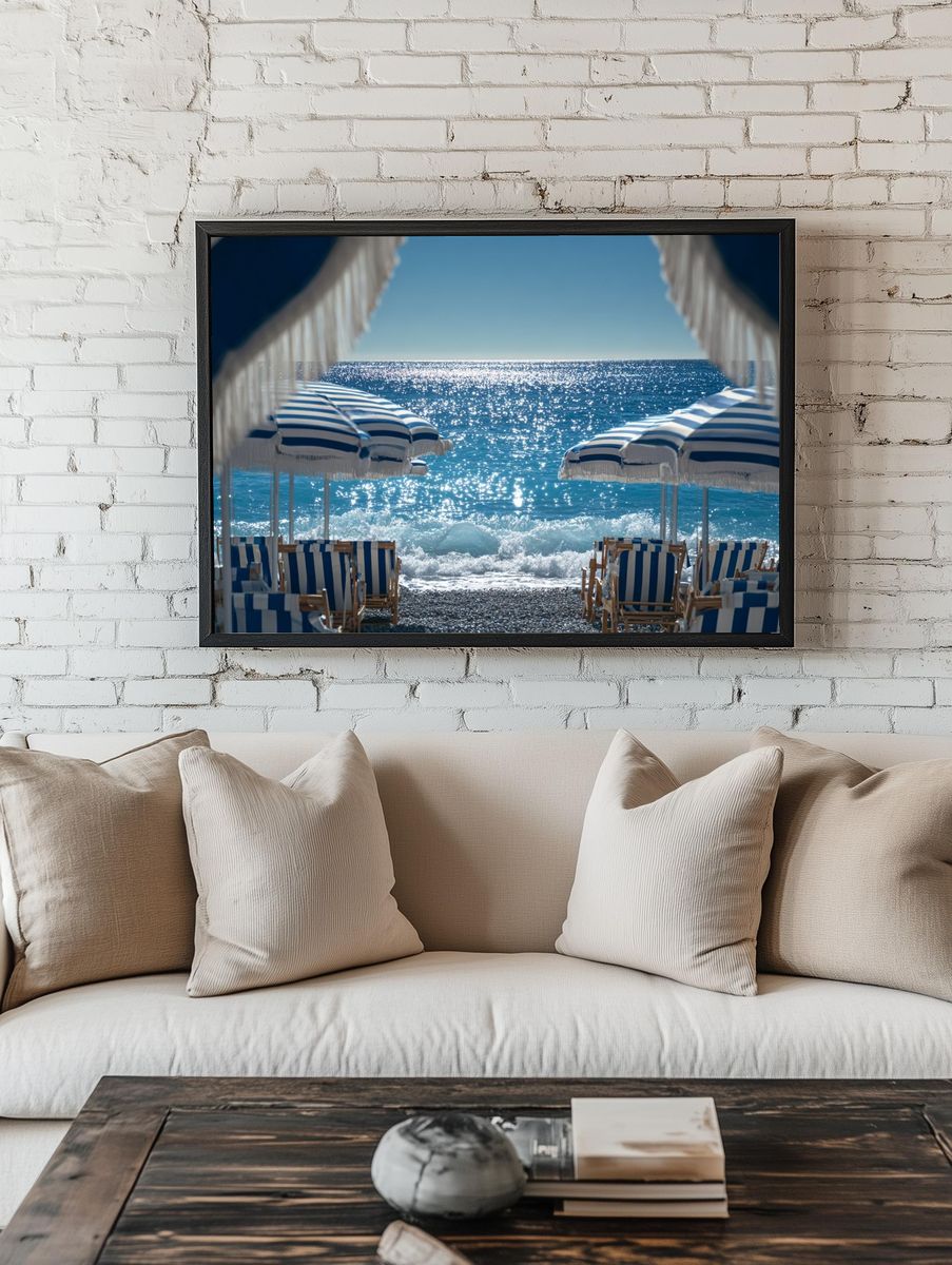Seaside Umbrellas Photography Poster. — room view 1