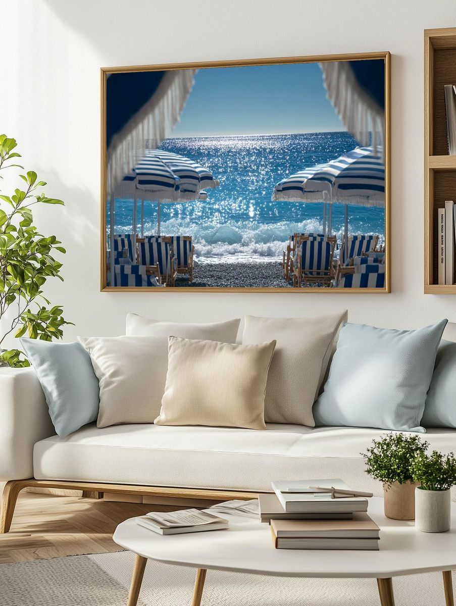 Seaside Umbrellas Photography Poster. — room view 2