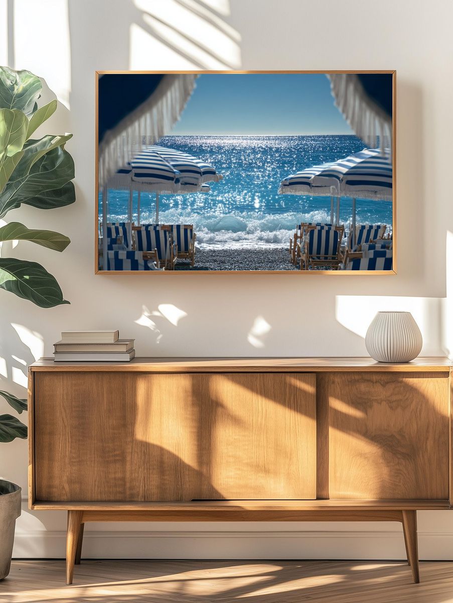 Seaside Umbrellas Photography Poster. — room view 3