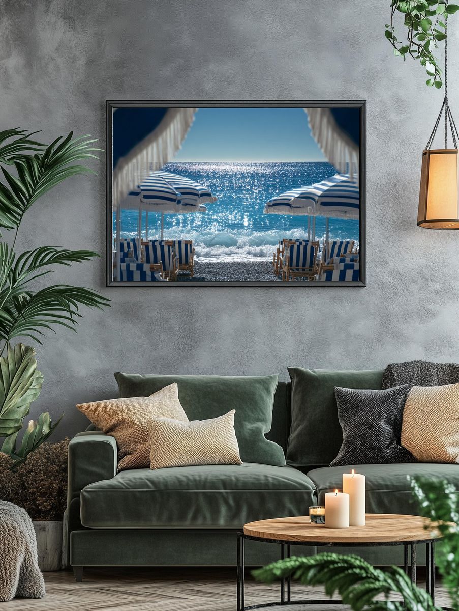 Seaside Umbrellas Photography Poster. — room view 4