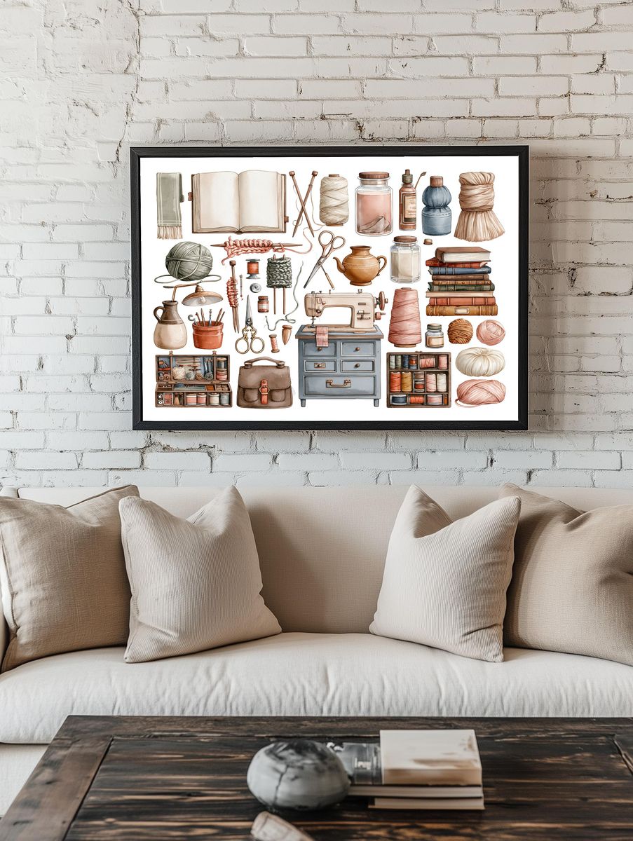 Sewing Supplies Watercolor Poster. — room view 1