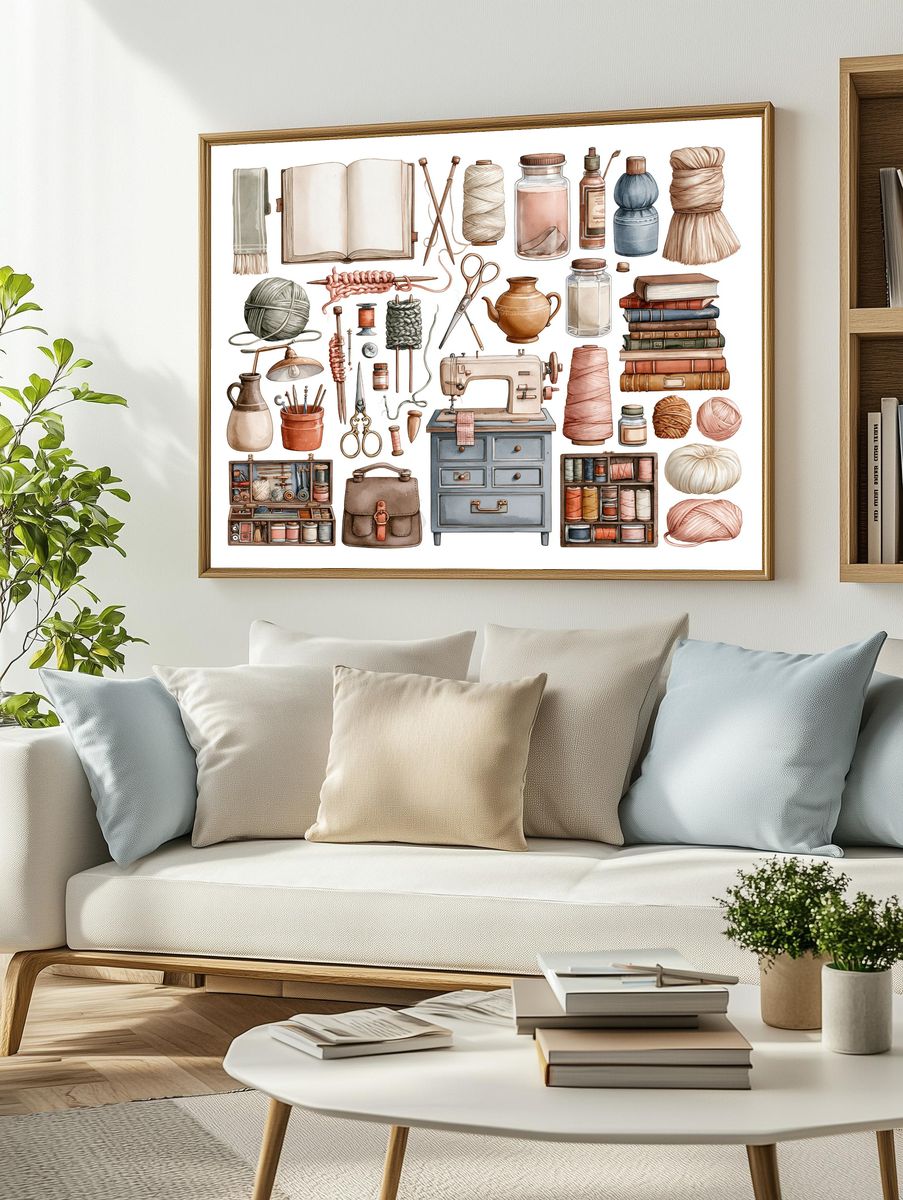 Sewing Supplies Watercolor Poster. — room view 2