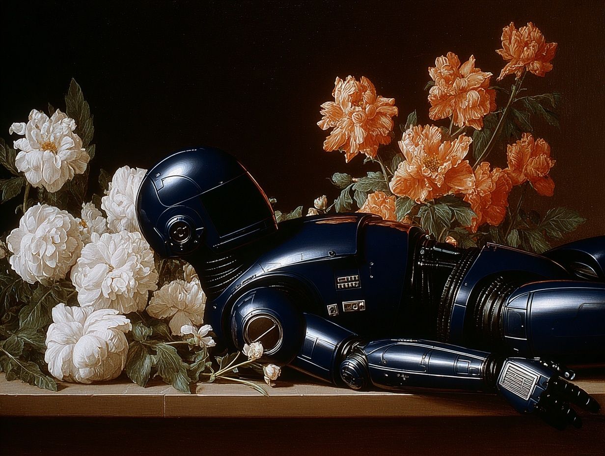 Robot Among Flowers Surrealism Print. poster — fine-art art