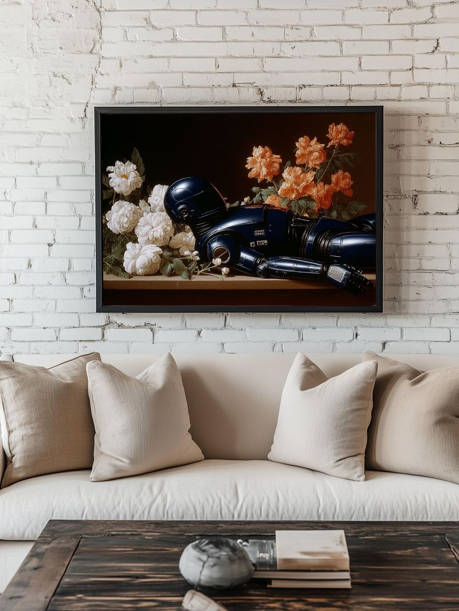 Robot Among Flowers Surrealism Print. — room view 1