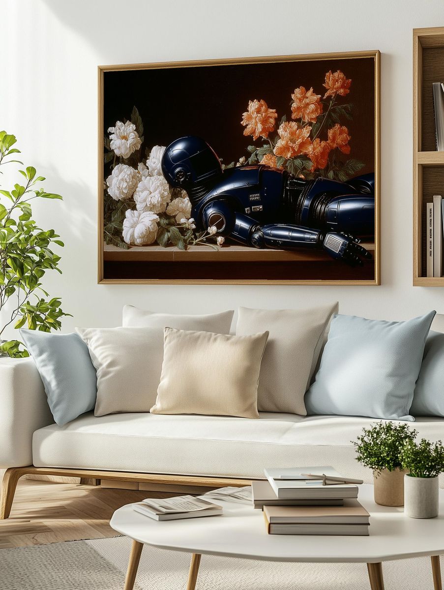 Robot Among Flowers Surrealism Print. — room view 2