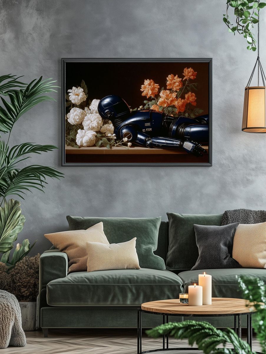 Robot Among Flowers Surrealism Print. — room view 4