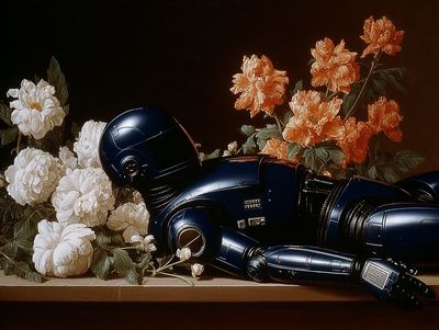 Robot Among Flowers Surrealism Print. poster print