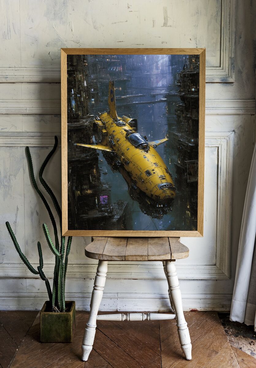 Futuristic Yellow Spaceship — Sci-Fi Print. — room view 1
