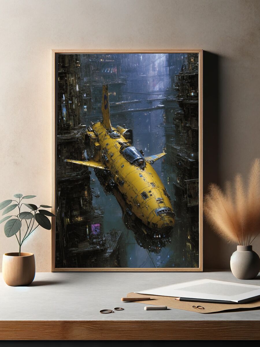 Futuristic Yellow Spaceship — Sci-Fi Print. — room view 2