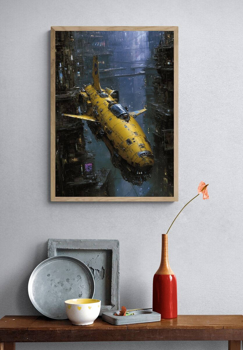Futuristic Yellow Spaceship — Sci-Fi Print. — room view 3