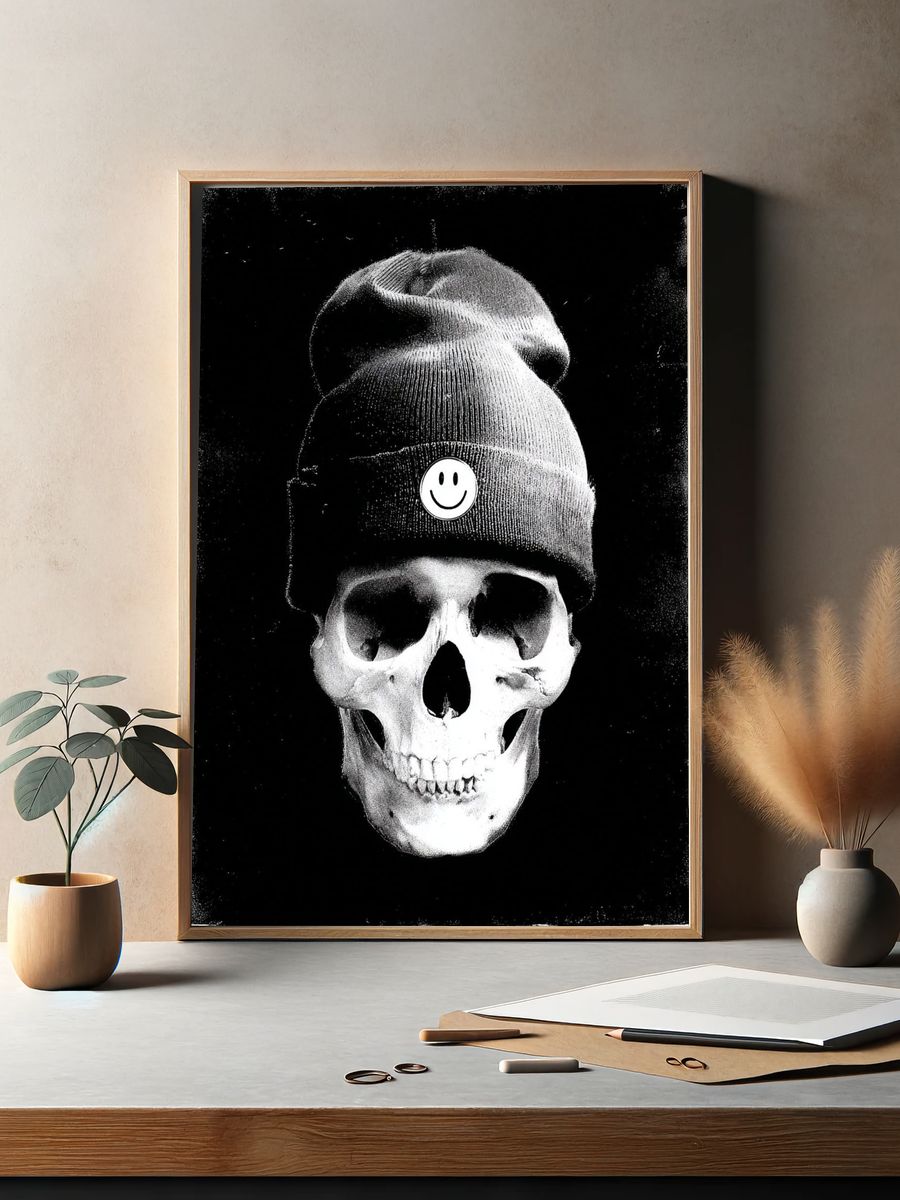 Skull with Beanie — Black and White Print. — room view 2