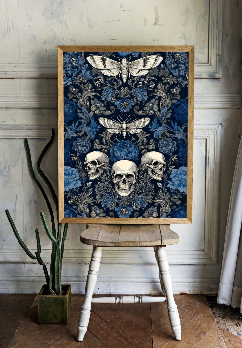 Skulls and Moths Floral Pattern Poster. — room view 1