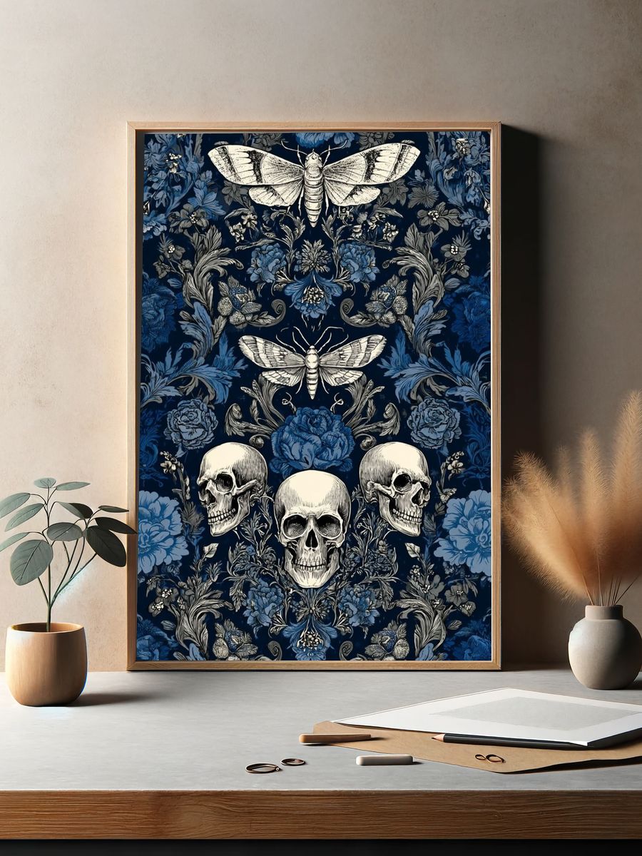 Skulls and Moths Floral Pattern Poster. — room view 2