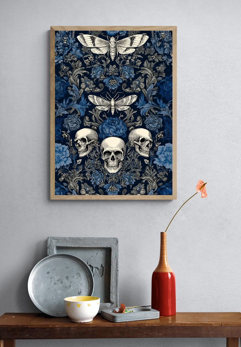 Skulls and Moths Floral Pattern Poster. — room view 3