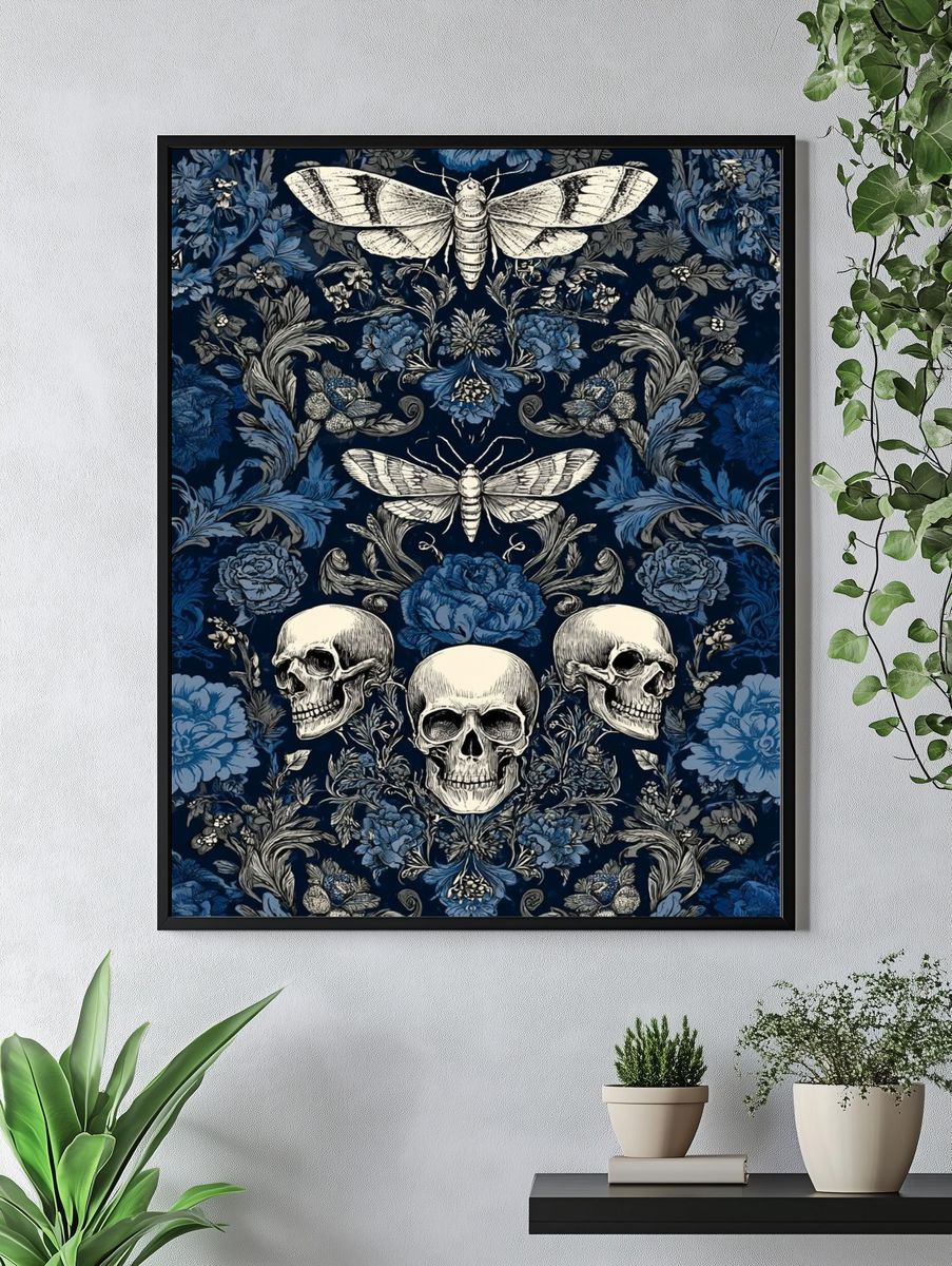 Skulls and Moths Floral Pattern Poster. — room view 4