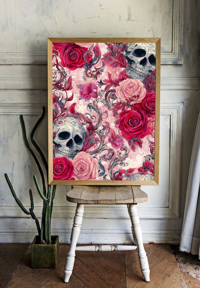 Skull and Roses — Gothic Art Print. — room view 1