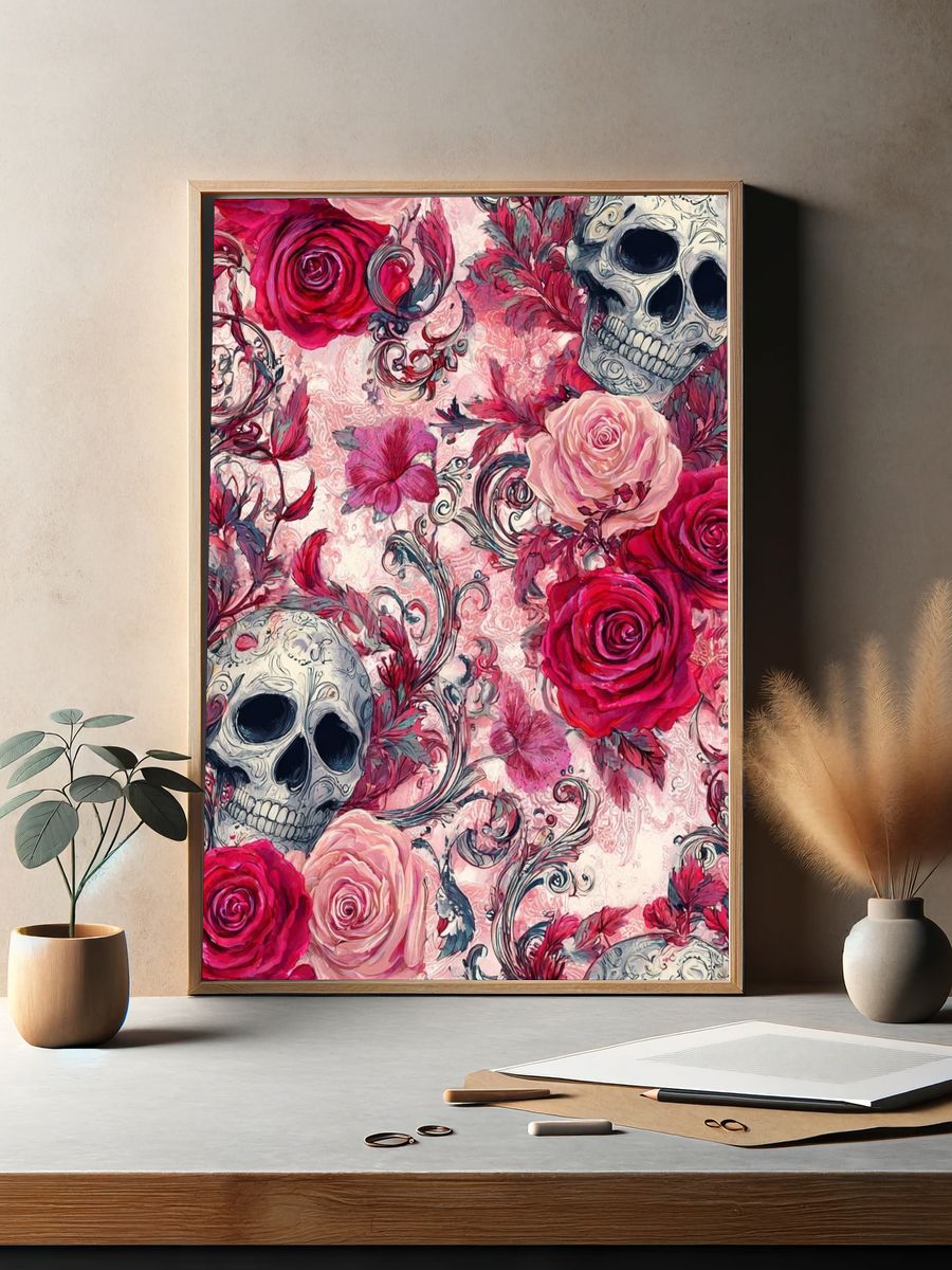 Skull and Roses — Gothic Art Print. — room view 2