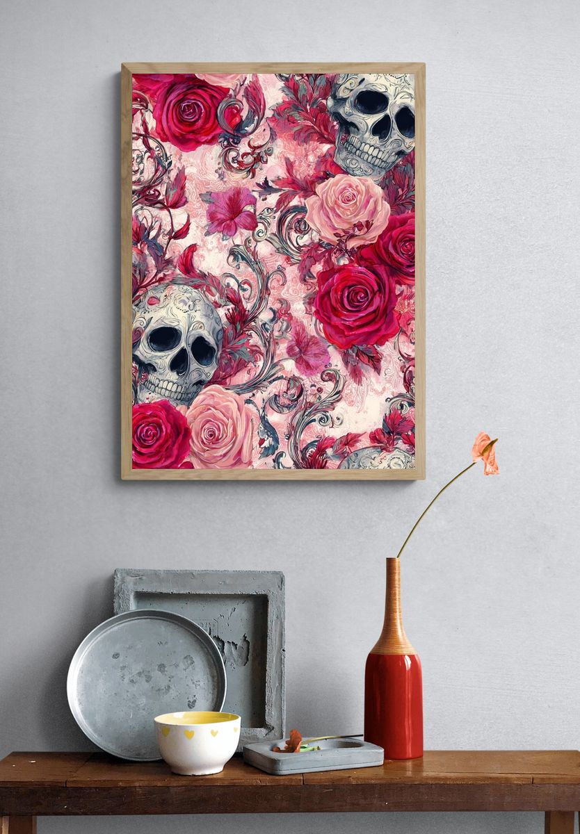 Skull and Roses — Gothic Art Print. — room view 3