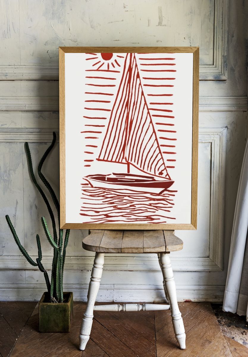 Sailing Boat Minimalist Wall Art — Calm Coastal Print. — room view 1