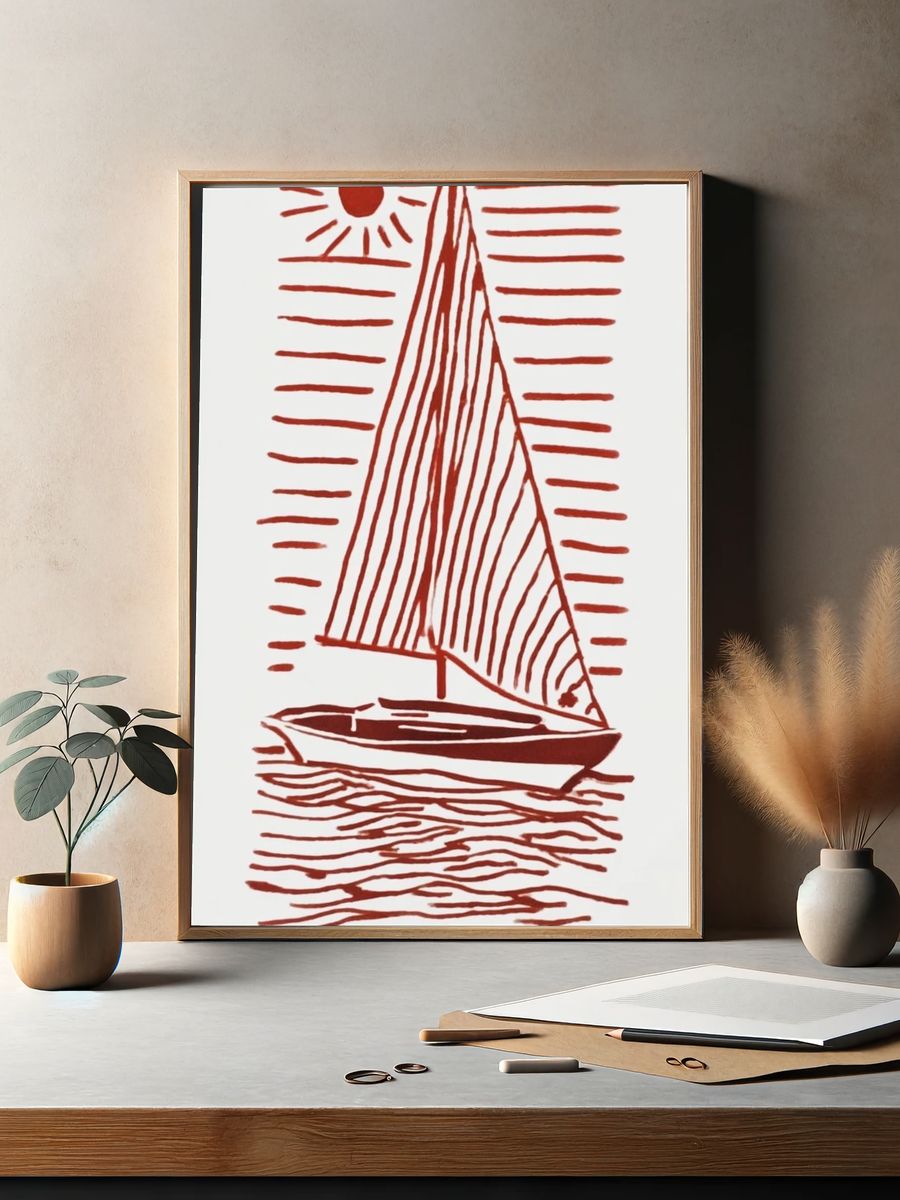 Sailing Boat Minimalist Wall Art — Calm Coastal Print. — room view 2
