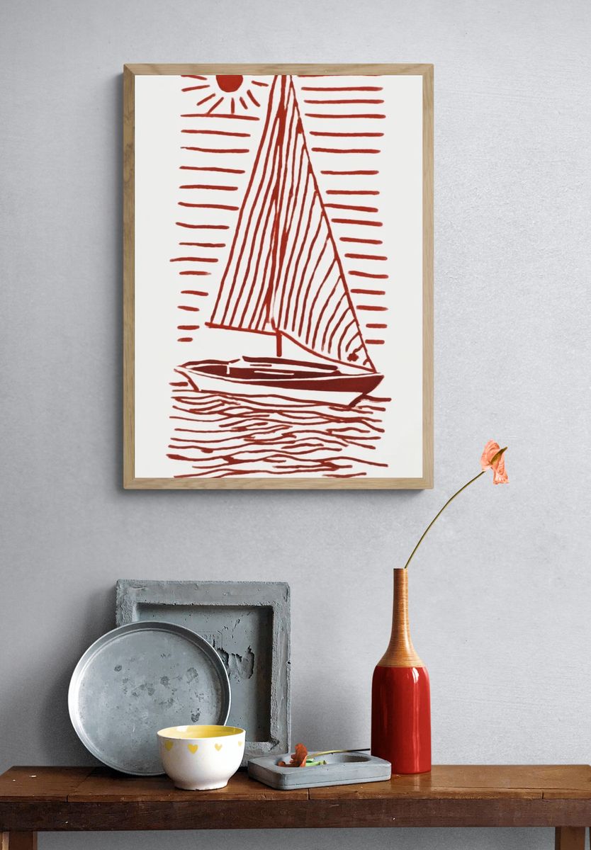 Sailing Boat Minimalist Wall Art — Calm Coastal Print. — room view 3
