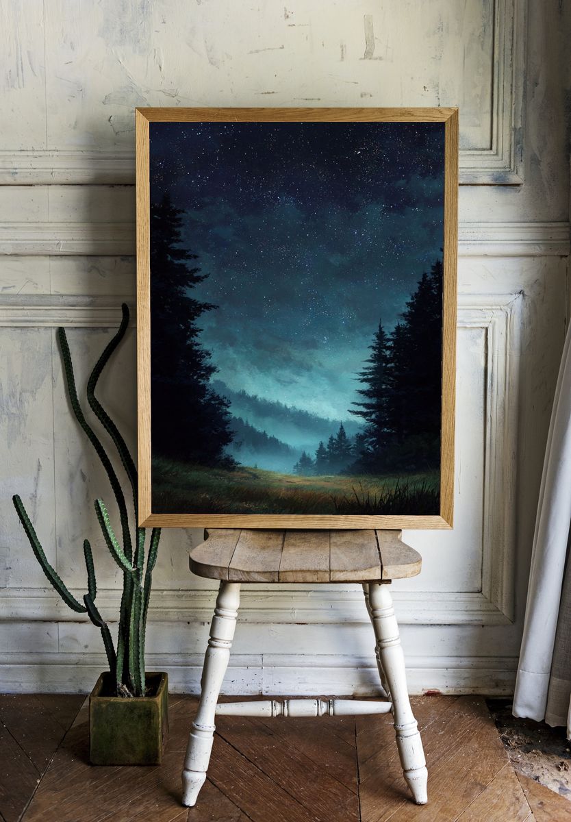 Starry Night Over Forest — Nature Print. — room view 1