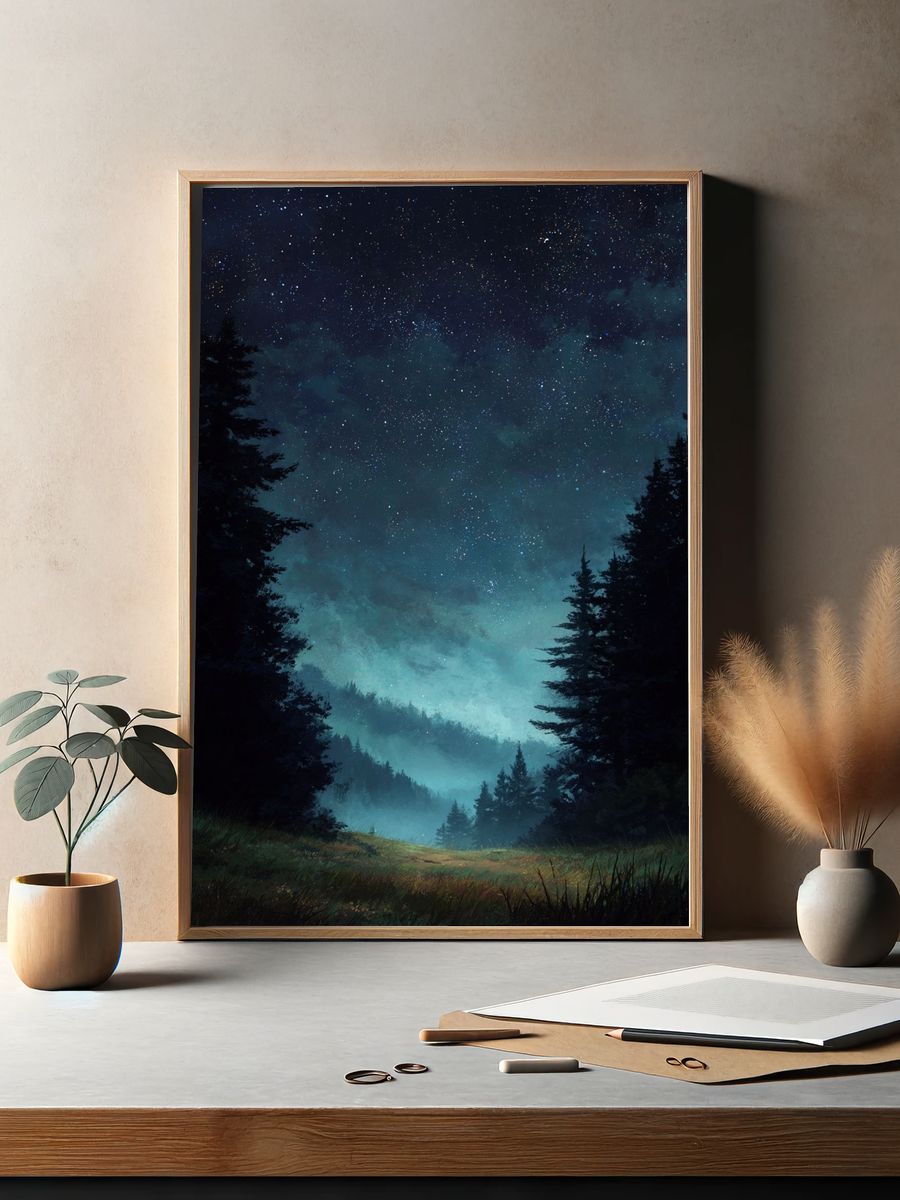 Starry Night Over Forest — Nature Print. — room view 2