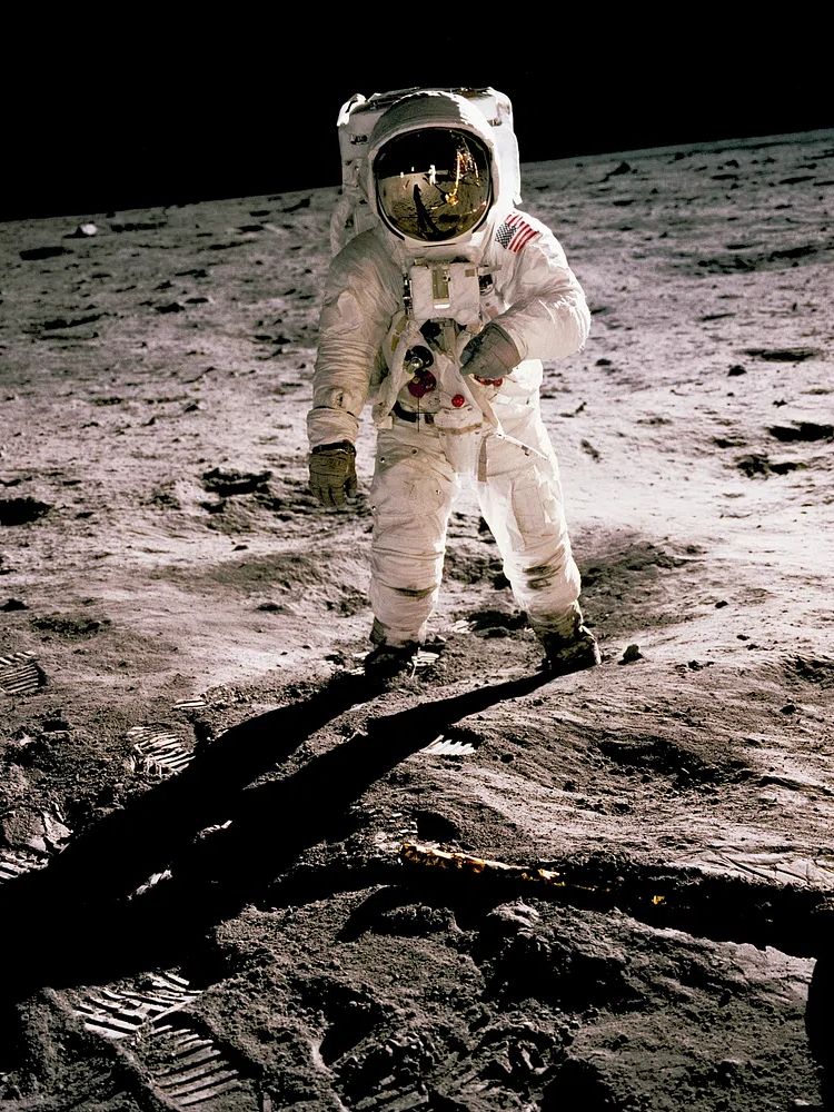 Edwin Aldrin walking lunar surface. poster detail