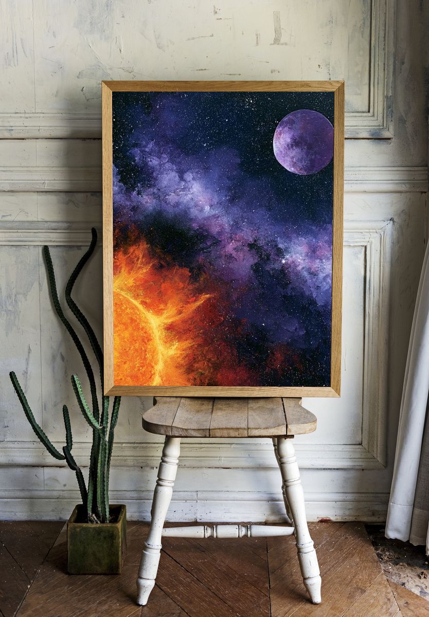 Cosmic Sun and Moon Space Print. room preview