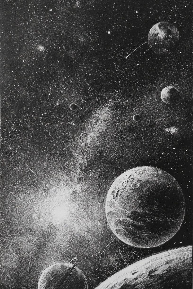 Celestial Planets Black-White Print. poster — space art