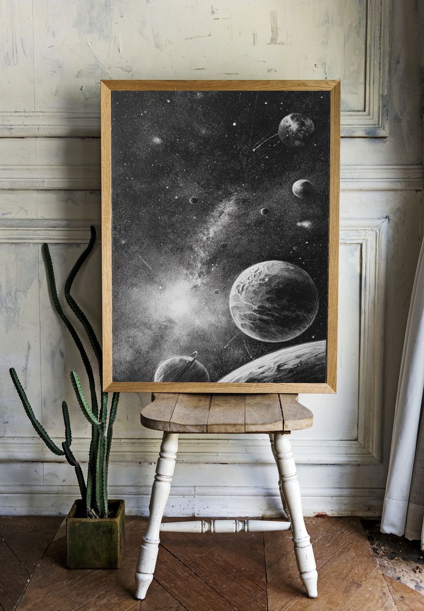 Celestial Planets Black-White Print. room preview