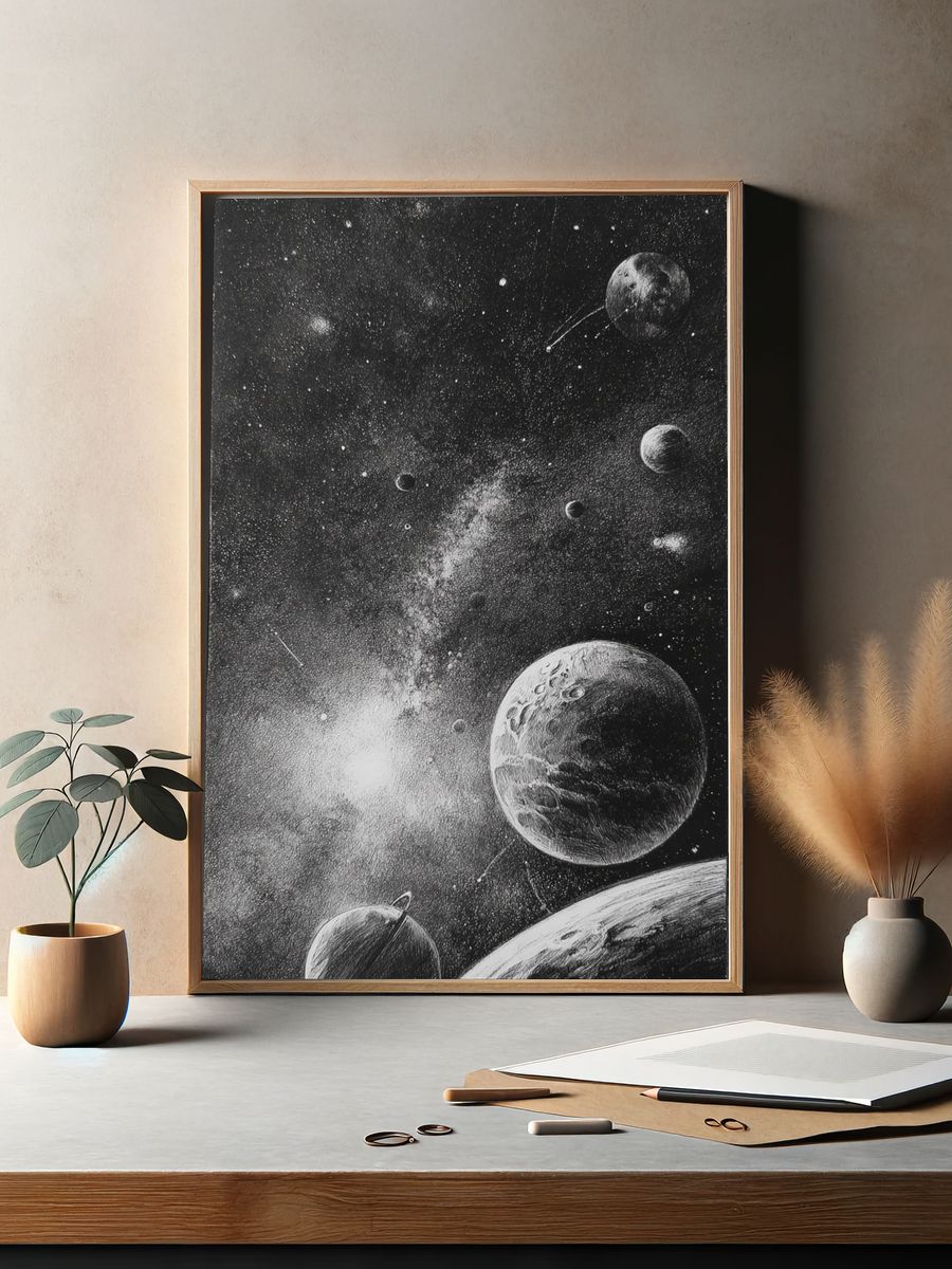 Celestial Planets Black-White Print. — room view 2