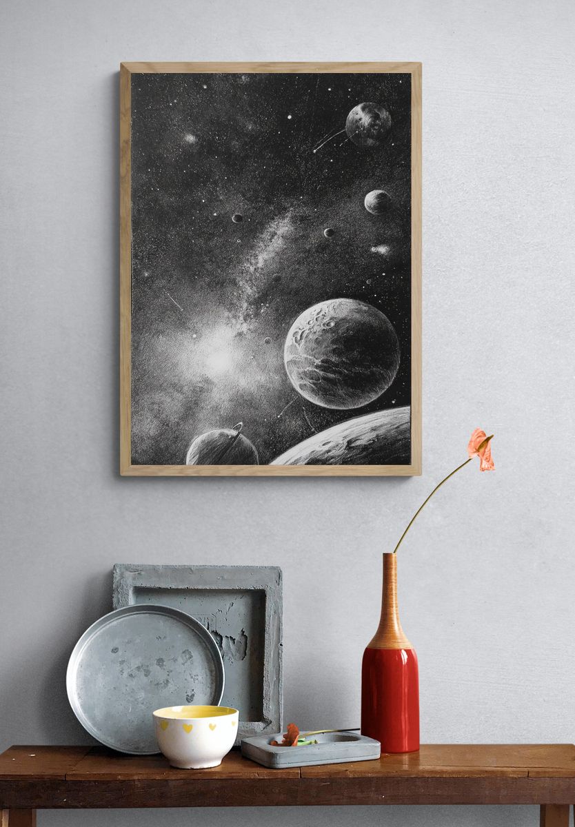 Celestial Planets Black-White Print. — room view 3
