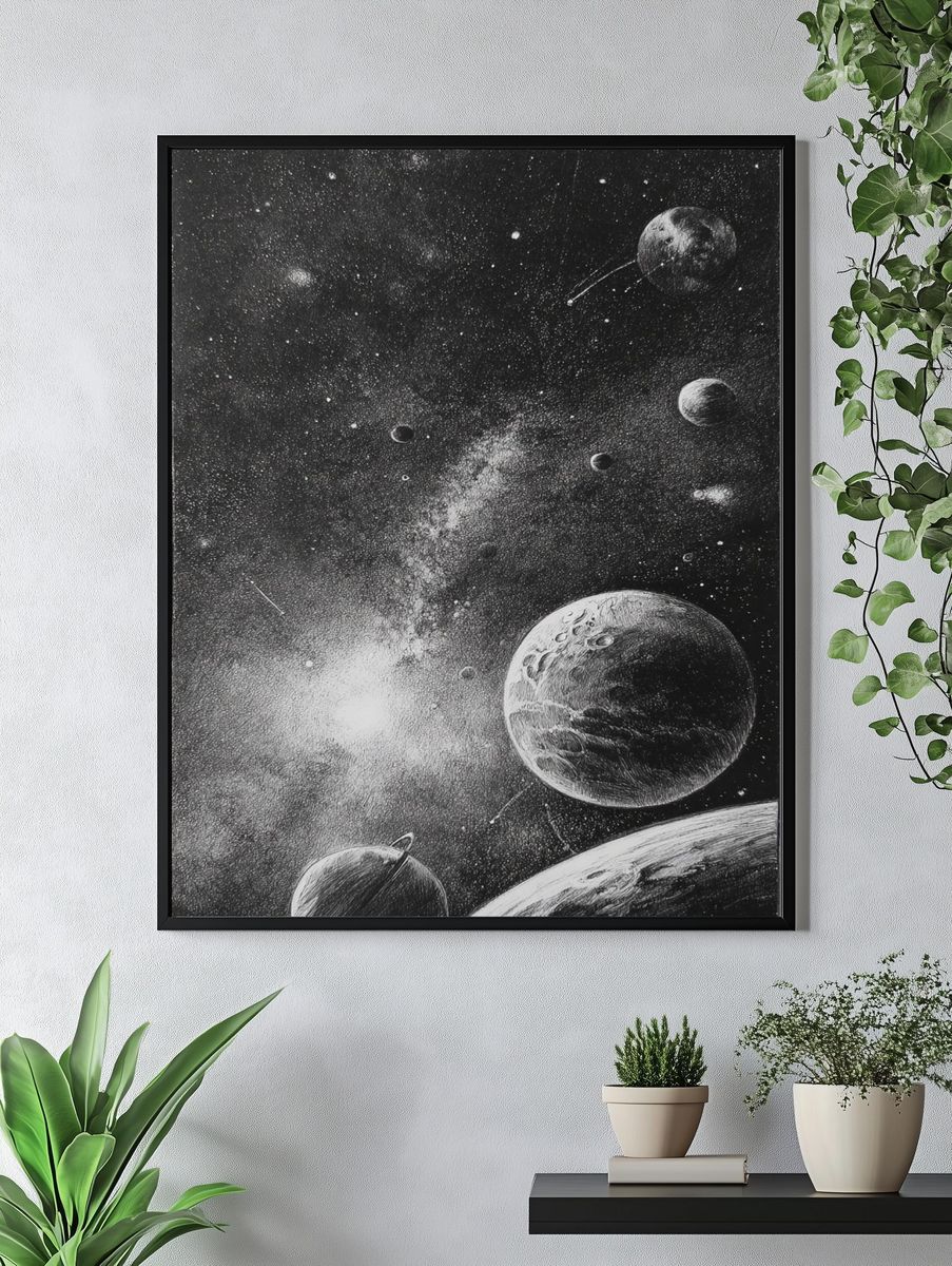 Celestial Planets Black-White Print. — room view 4